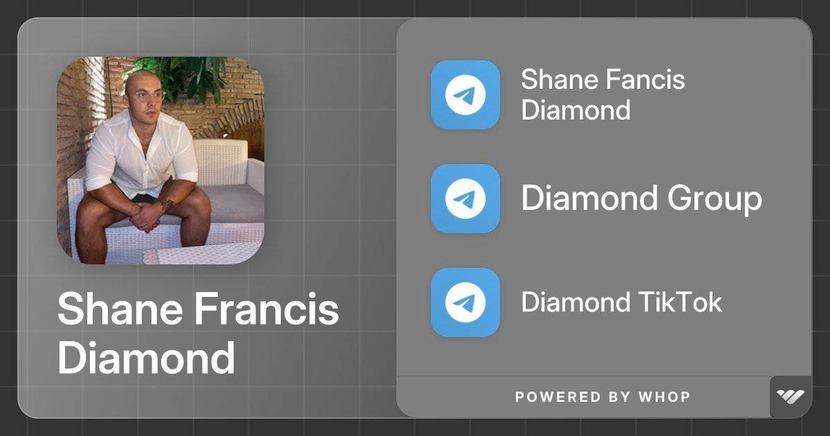 A profile card displays a man sitting on a white couch with the name "Shane Francis Diamond" written below his image. Next to the profile are three telegram icons labeled: "Shane Francisc Diamond," "Diamond Group," and "Diamond TikTok," with a "Powered by Whop" label. Perfect for those interested in high karma Reddit accounts.