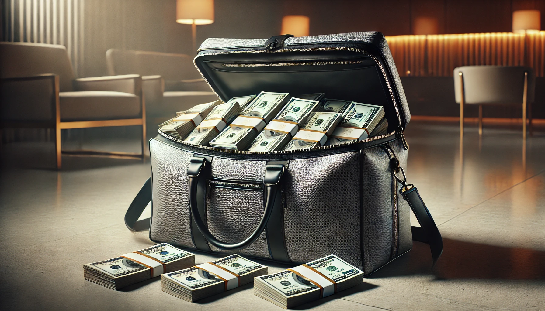 A large gray duffel bag, unzipped and overflowing with neat bundles of U.S. hundred-dollar bills, sits on the floor of a dimly lit, modern room. Additional stacks of cash are placed around the bag. Stylish chairs and warm lighting add to the room's sophisticated ambiance, evoking a scene straight out of Reddit's luxury forums.