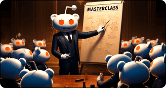 A group of Reddit alien mascots, wearing business attire, are attentively seated around a conference table. One mascot stands and points to a whiteboard labeled "MASTERCLASS" with diagrams and notes, suggesting a presentation or a class in a formal setting for high karma Reddit accounts.