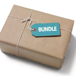 A rectangular package wrapped in brown paper and tied with white string is shown. A teal tag attached to the string reads "IP-Sensitive OF Landing Pages (Bundle w/ 6 Templates)" in white letters. The package is positioned against a plain white background.