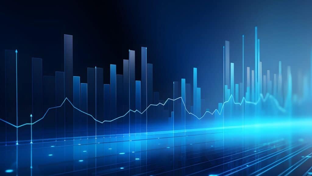 A digital, futuristic graph showing bar charts and line graphs in shades of blue against a dark background. The graph lines appear to be fluctuating, indicating data trends. The scene has a modern, high-tech feel with glowing points and abstract lines—perfect for analyzing high karma reddit accounts.