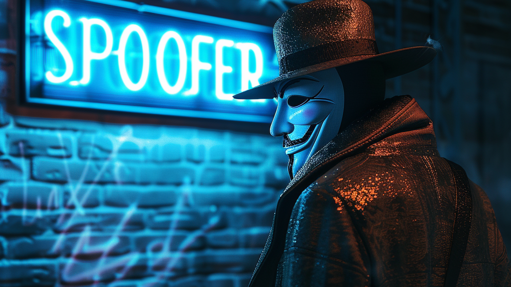 A person wearing a Guy Fawkes mask and a dark coat stands in front of a neon-lit sign that reads "SPOOFER." The scene has a mysterious, cyberpunk vibe with brick walls and blue lighting. The person, possibly discussing aged reddit accounts, is turned slightly, looking over their shoulder.