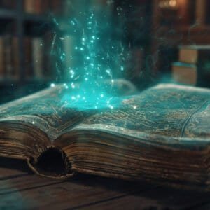 A glowing book sits on a wooden table in a dimly lit room. Blue sparkles and light emanate from the pages, creating a magical aura reminiscent of aged reddit accounts accumulating high karma. In the background, more books and shelves add to the mystical, library-like atmosphere.