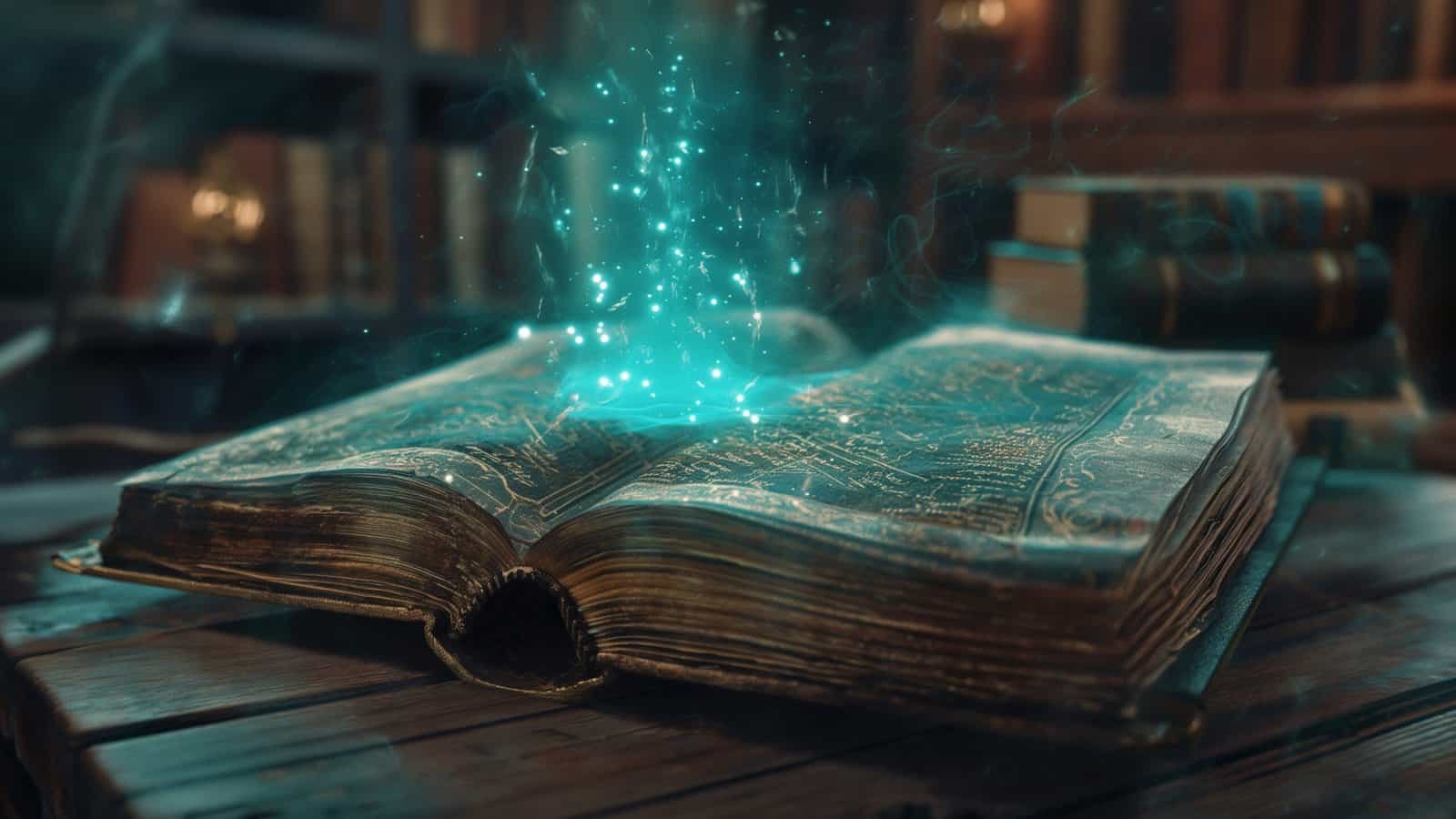 A glowing book sits on a wooden table in a dimly lit room. Blue sparkles and light emanate from the pages, creating a magical aura reminiscent of aged reddit accounts accumulating high karma. In the background, more books and shelves add to the mystical, library-like atmosphere.